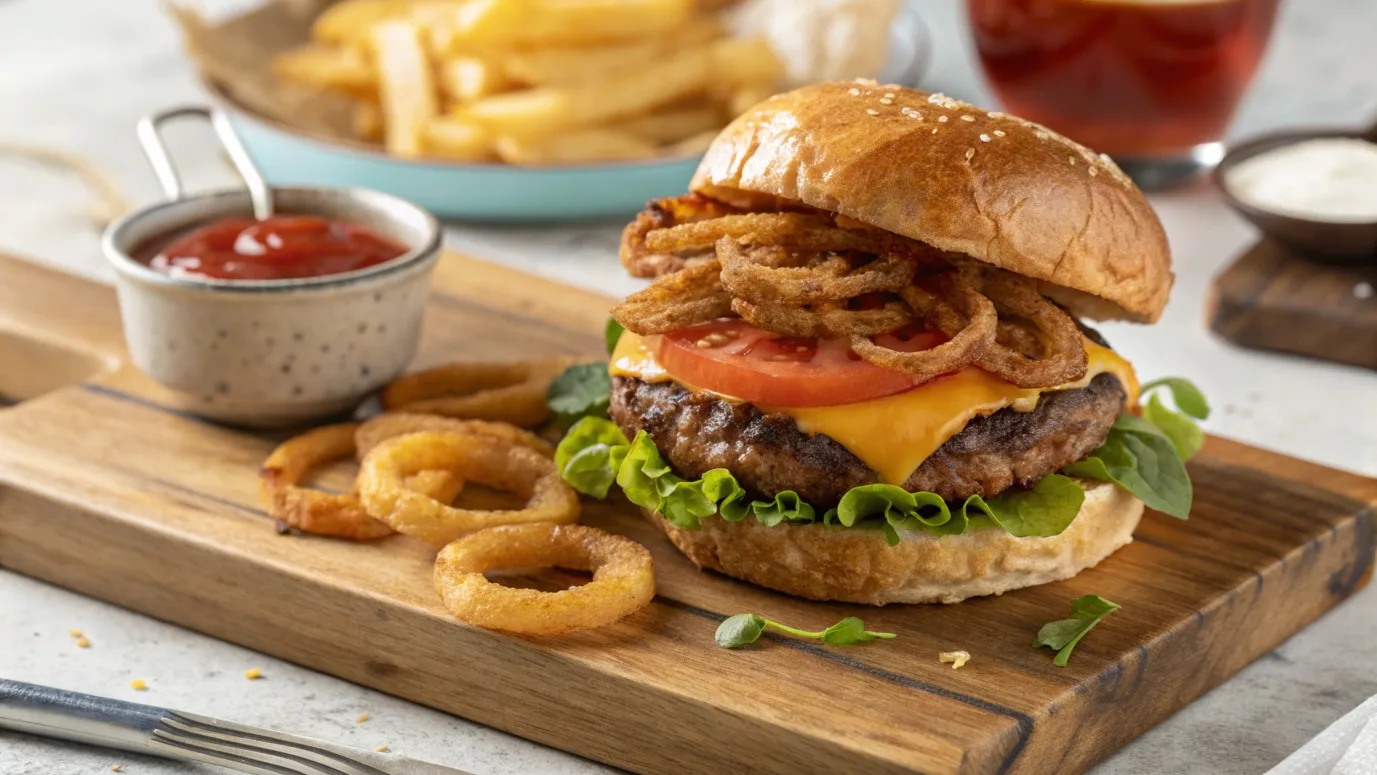 Gourmet burger with melted cheese, lettuce, tomato, and onion rings on a toasted brioche bun, served with fries.