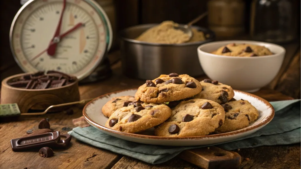 A plate of golden brown chocolate chip cookies with melted chocolate chips, placed on a rustic wooden table alongside metric measuring tools.