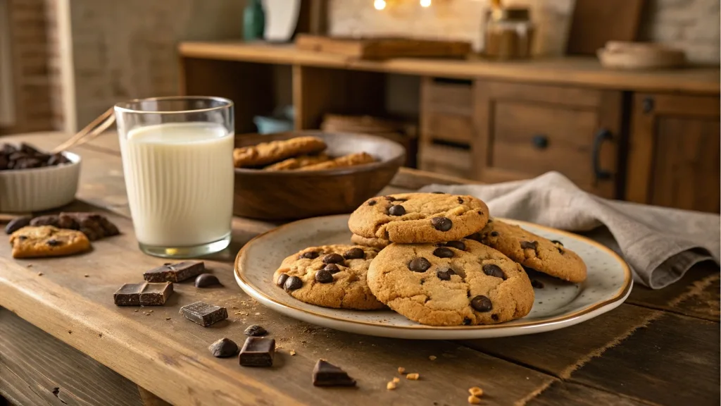 A plate of freshly baked chocolate chip cookies with golden edges and a glass of milk.