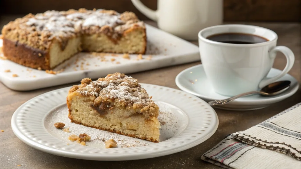 A freshly baked coffee cake with oatmeal streusel topping, sliced to reveal a moist interior, served on a rustic table with a steaming cup of coffee.