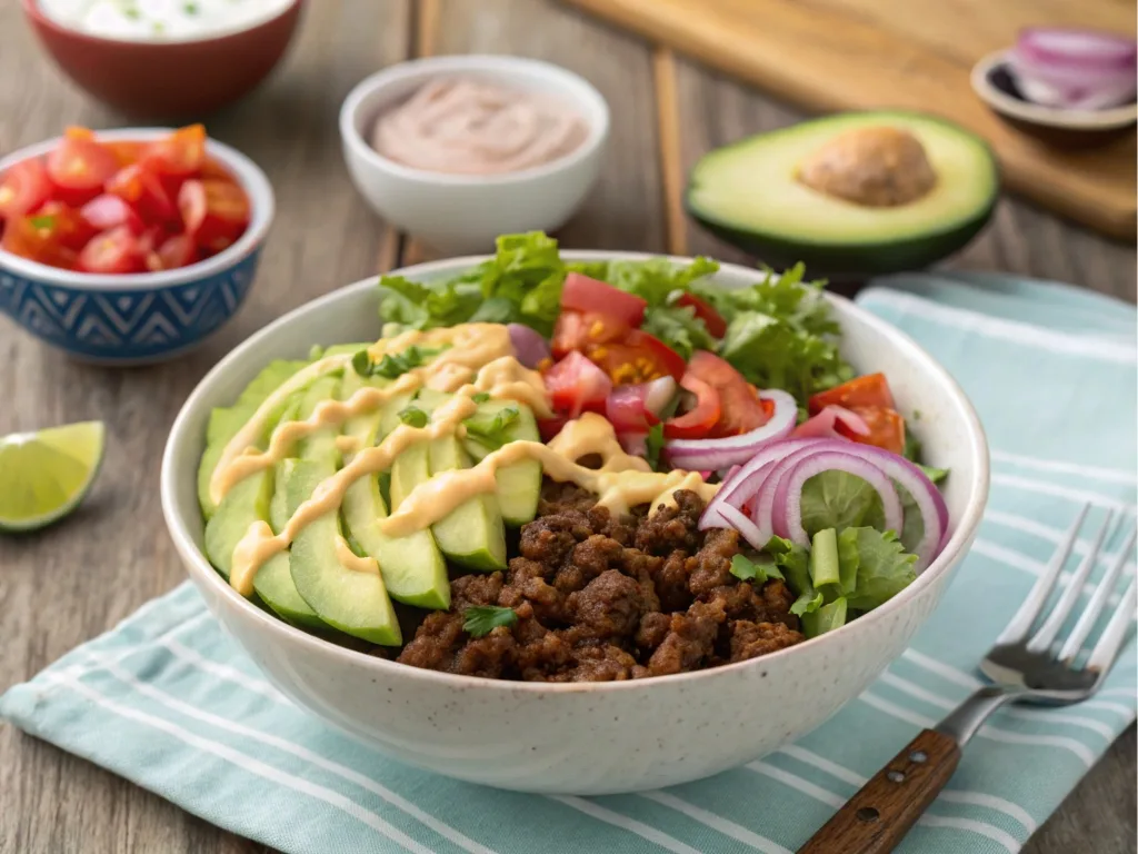 A colorful burger bowl with ground beef, lettuce, tomatoes, pickles, red onions, and special sauce on a wooden table.