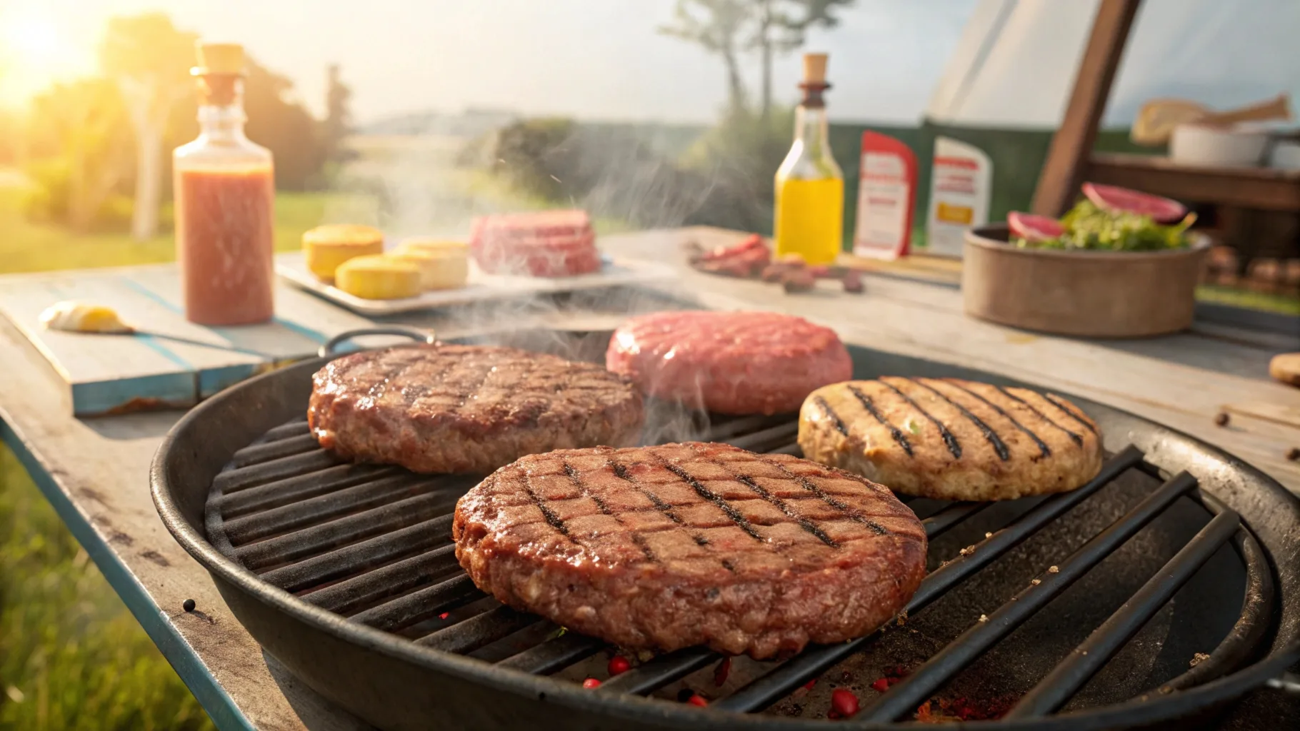 Three burgers on a grill showcasing the 5-6-7 rule for burgers with medium-rare, medium, and medium-well doneness.