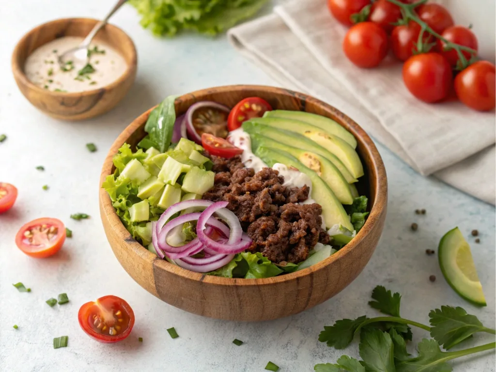 Burger bowl recipe with ground beef, fresh vegetables, and special sauce in a wooden bowl.