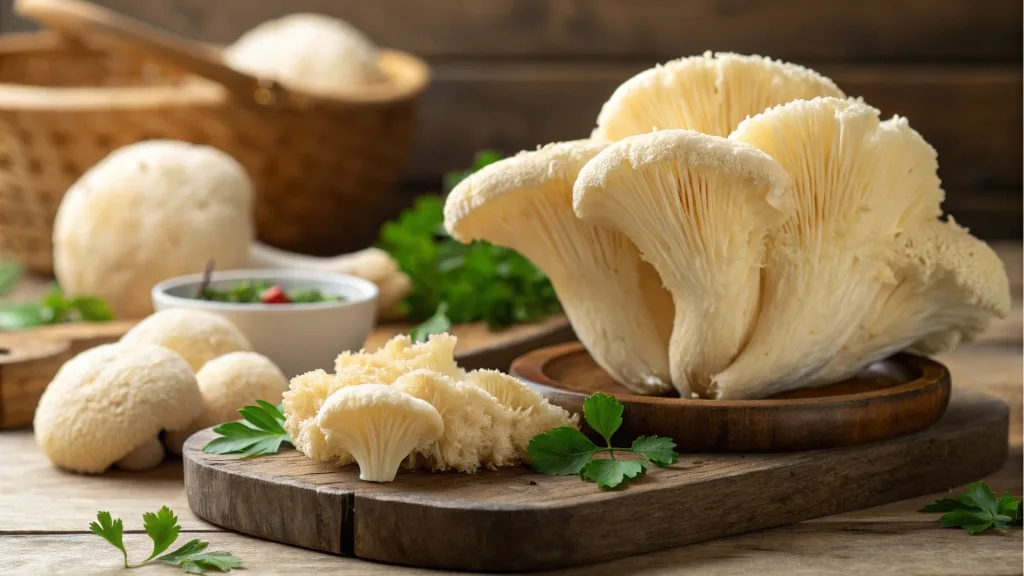 oyster-and-lions-mane-mushrooms-on-wooden-boards-with-parsley-and-dipping-sauce-rustic-presentation