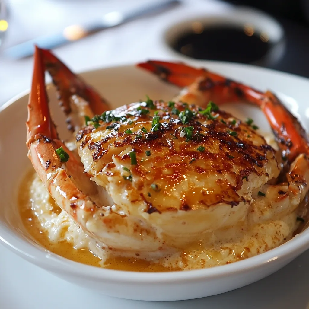 A delectable gourmet crab dish served with a golden-brown crust atop creamy sauce in a white bowl, garnished with fresh chives.