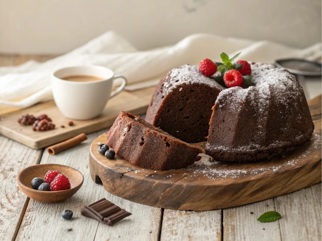 A freshly baked chocolate pound cake, dusted with powdered sugar and garnished with fresh berries, sitting on a wooden table with a slice cut out to showcase its moist texture.