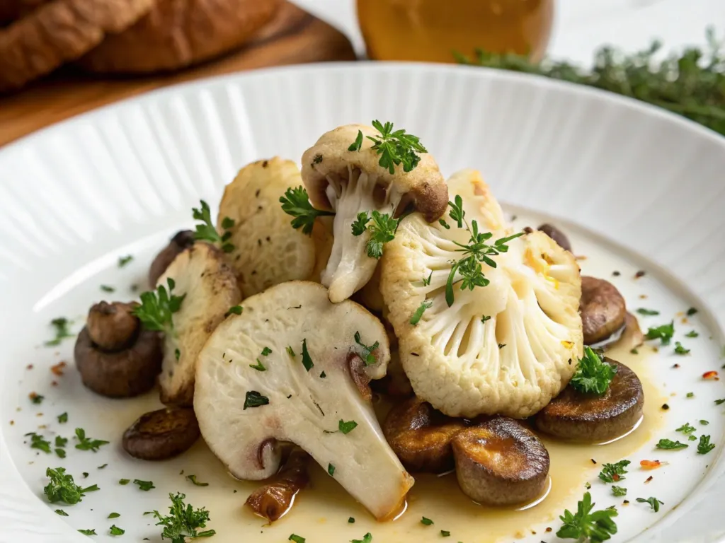 sauteed-cauliflower-and-mushrooms-garnished-with-parsley-served-on-a-white-plate