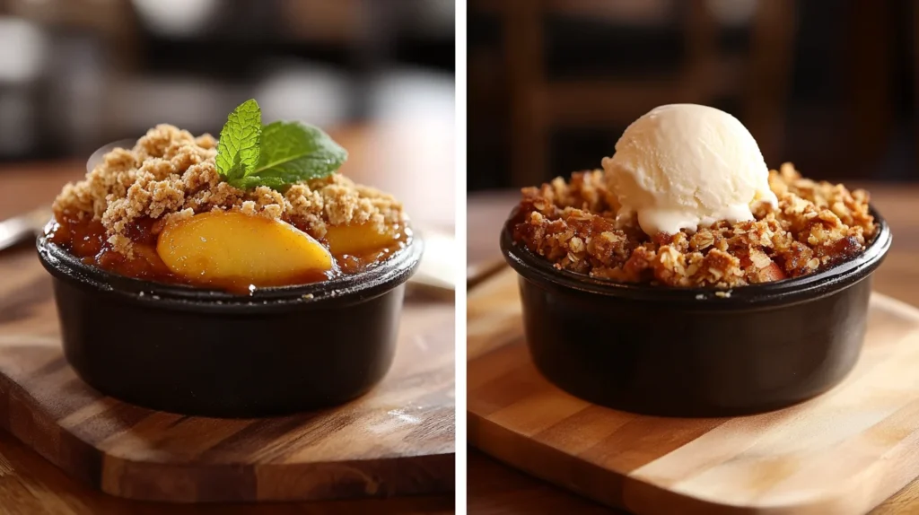 Side-by-side comparison of peach crumble and peach crisp with vanilla ice cream, on a wooden cutting board.