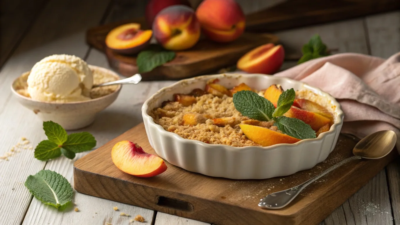 Golden peach crumble with crispy topping and fresh peach slices, served with vanilla ice cream on a rustic table.