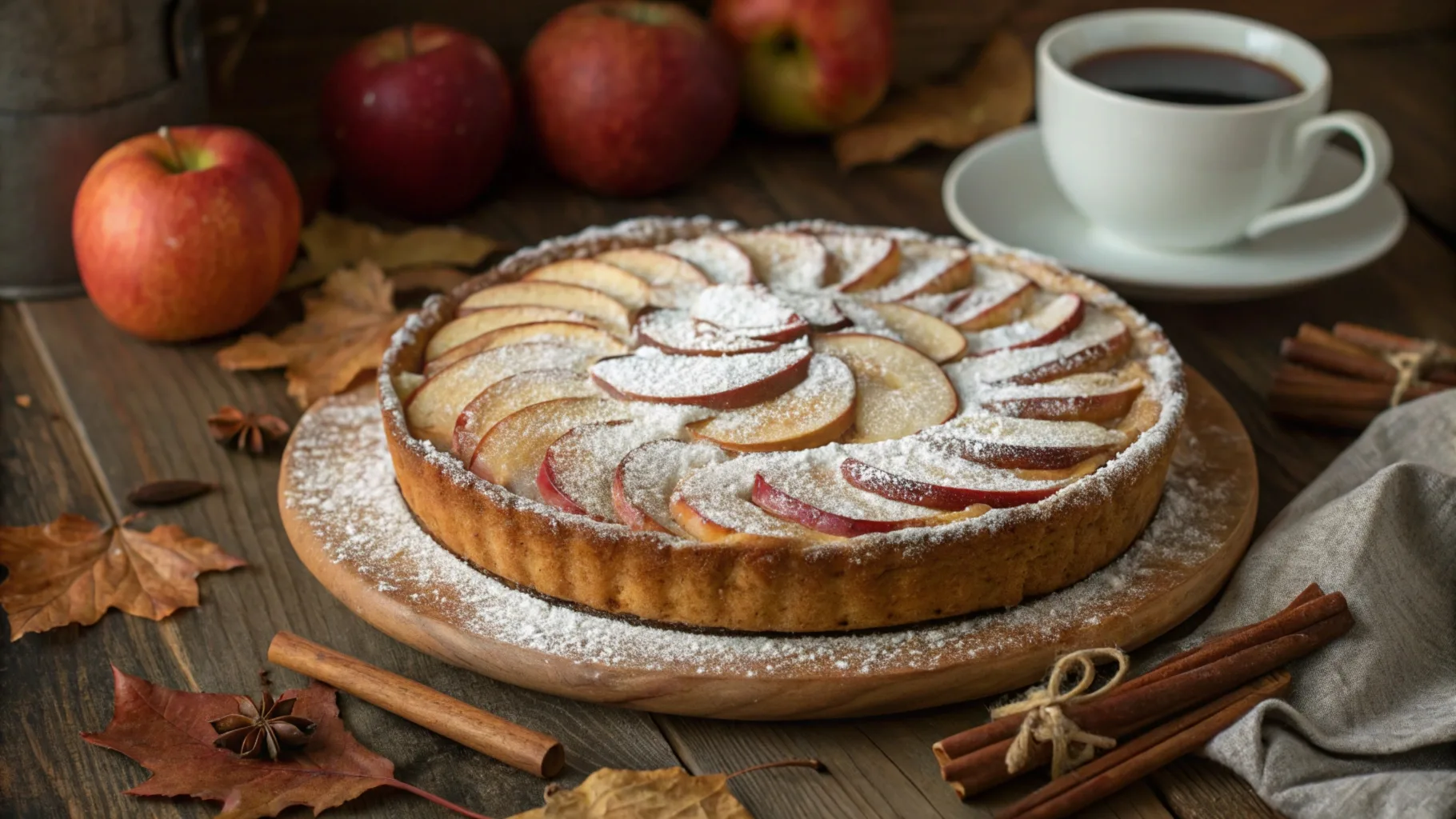 Decorated apple cake with sliced apples, powdered sugar, and autumn elements like cinnamon sticks and leaves on a rustic wooden table