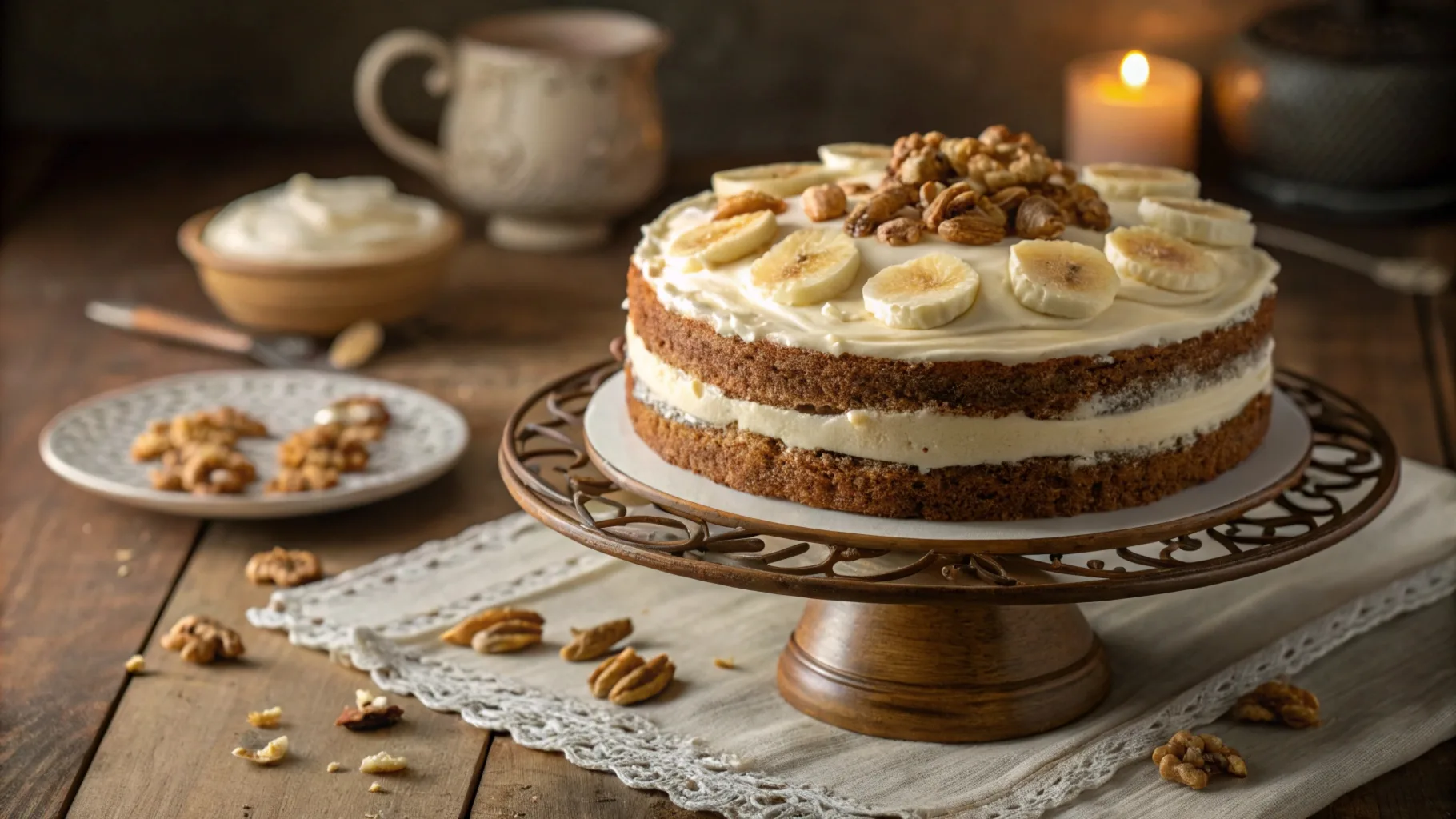 Moist and delicious banana cake with cream cheese frosting, topped with fresh banana slices and walnuts, perfect for dessert lovers.