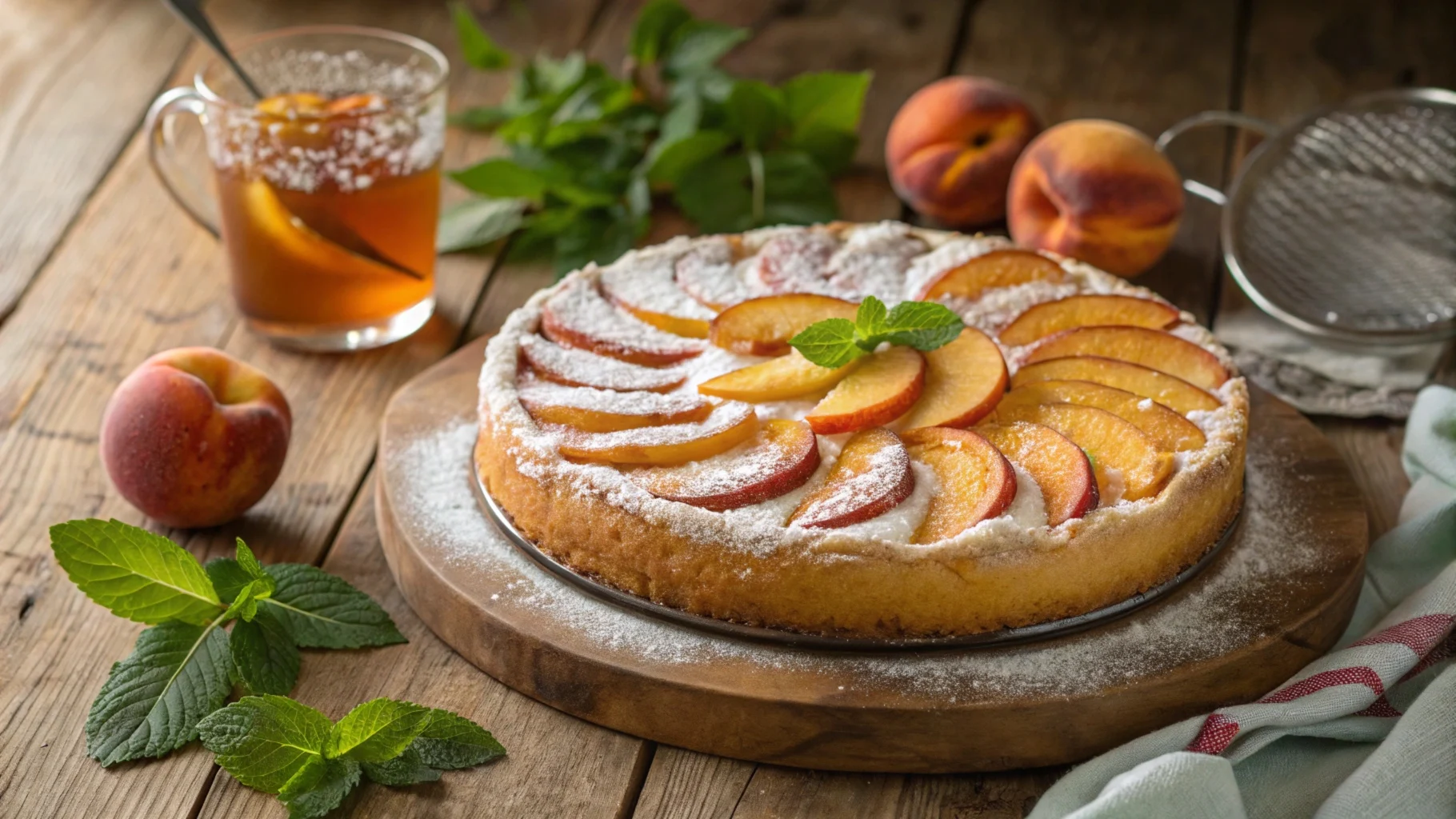 Decorated peach cake with fresh peach slices, powdered sugar, and summer elements like mint leaves and iced tea on a rustic wooden table.