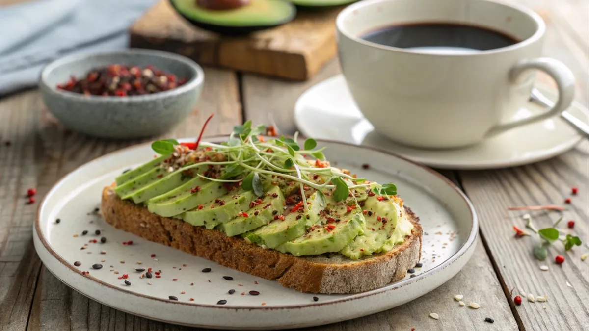 Avocado Toast with Everything Bagel Seasoning on a rustic wooden table, garnished with microgreens and chili flakes, perfect for breakfast or brunch.