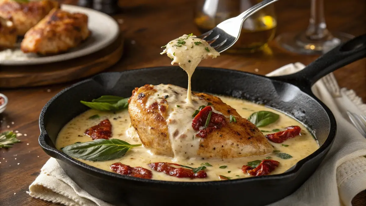 A creamy Marry Me Chicken dish in a cast-iron skillet, topped with sun-dried tomatoes, basil, and Parmesan, served on a rustic table.