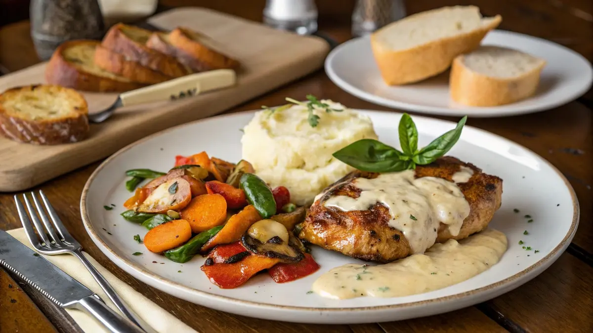 Marry Me Chicken with mashed potatoes, roasted veggies, and garlic bread on a rustic white plate.