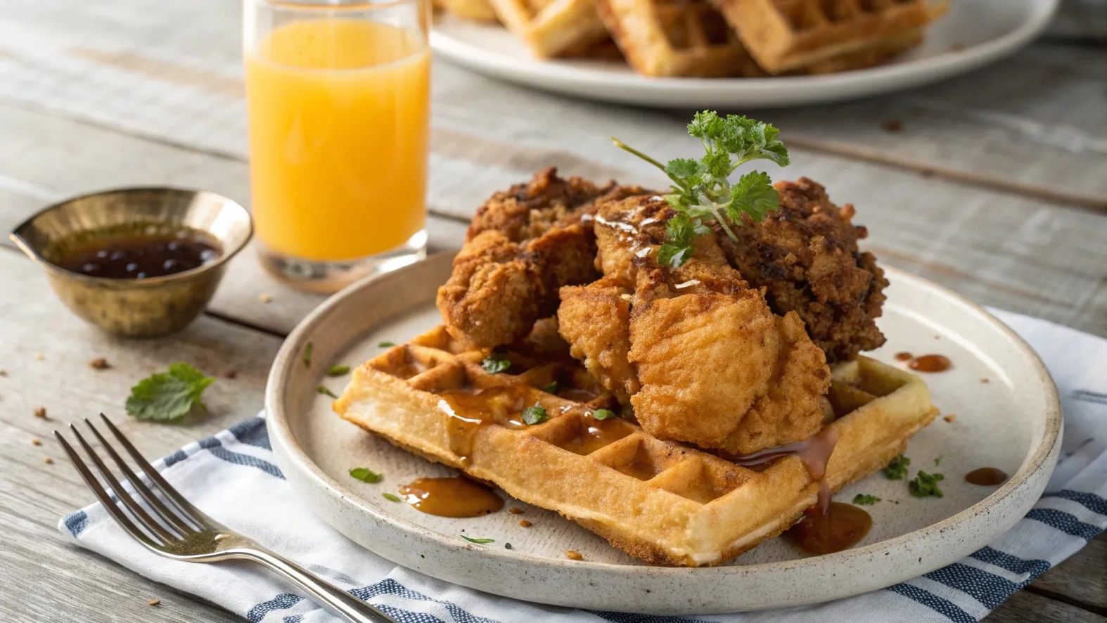 Plate of chicken and waffles with syrup and orange juice