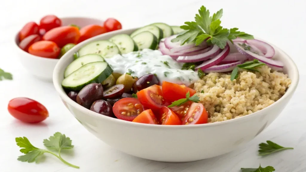 Mediterranean grain bowl with quinoa, cherry tomatoes, cucumbers, olives, and tzatziki sauce.