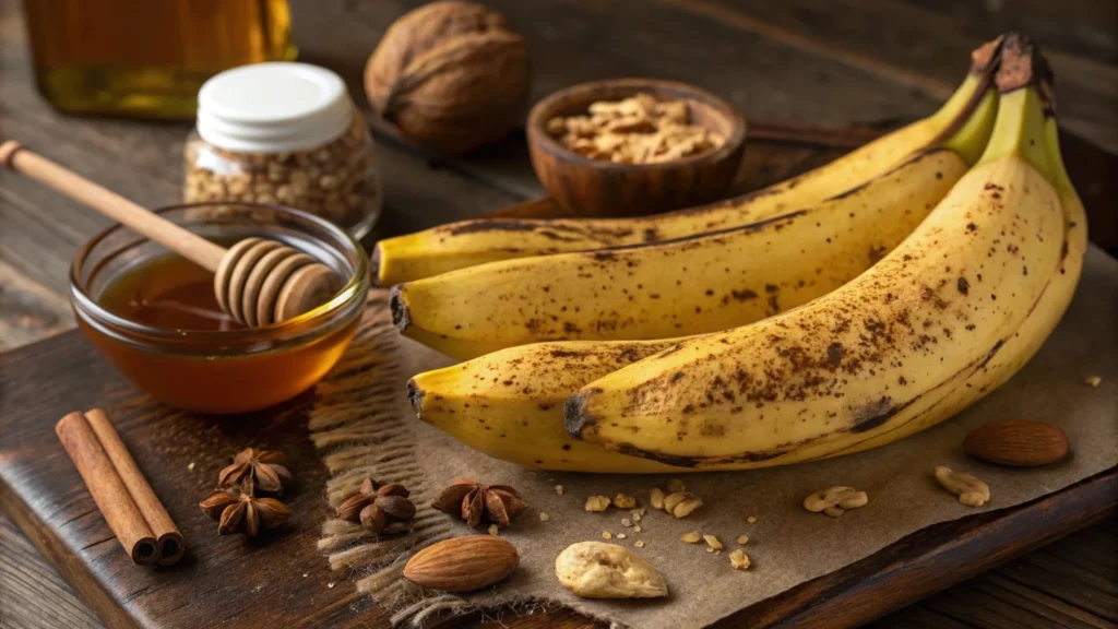 Ripe bananas with brown spots on a rustic table, surrounded by honey, cinnamon, and nuts, showcasing ways to enhance banana flavor.