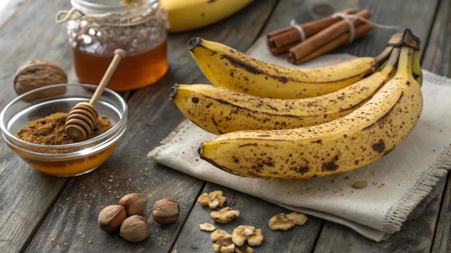 Ripe bananas with brown spots on a rustic wooden table, surrounded by honey, cinnamon, and nuts, showcasing ways to enhance banana flavor.