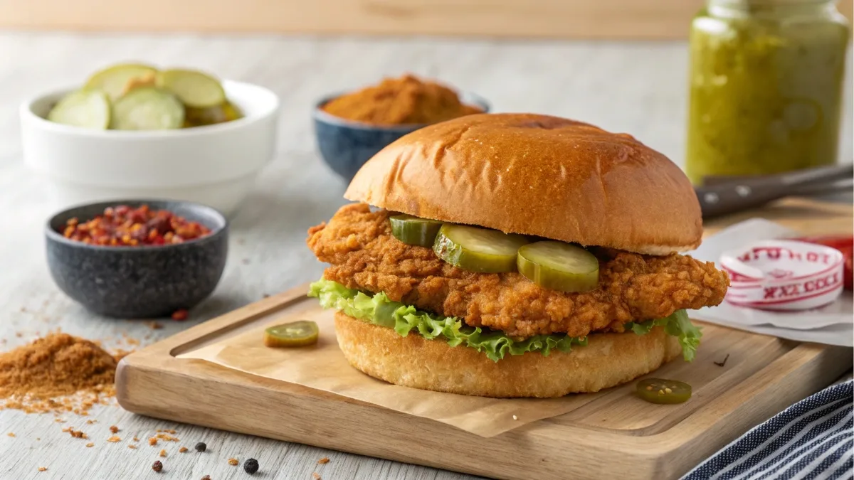 A Chick-fil-A-style chicken sandwich with lettuce and pickles, accompanied by spices and a bowl of pickle juice.