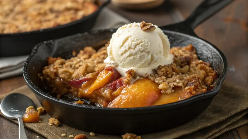 Close-up of a crispy peach crisp with oat topping and vanilla ice cream, served in a cast-iron skillet.
