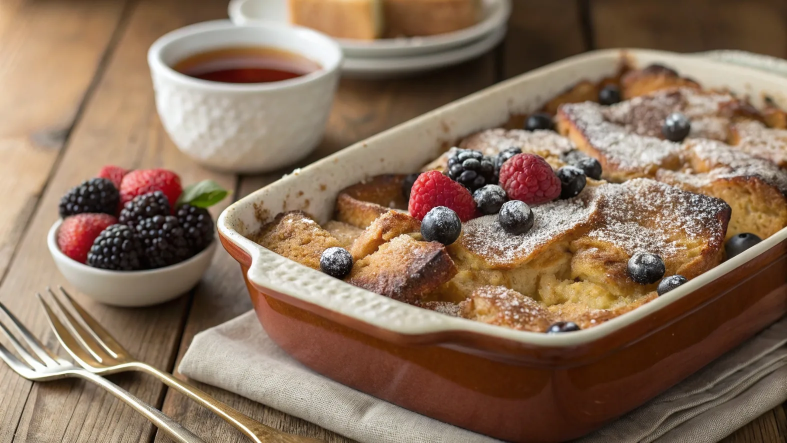 Golden-brown French toast casserole topped with powdered sugar and fresh berries.