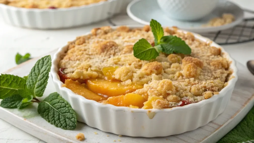 Close-up of a golden peach crumble with juicy peach filling, garnished with mint, on a white ceramic dish.
