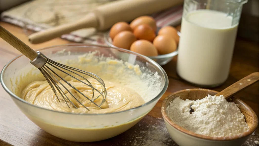 Close-up of pancake batter being whisked in a mixing bowl, with ingredients like flour and eggs on the counter.