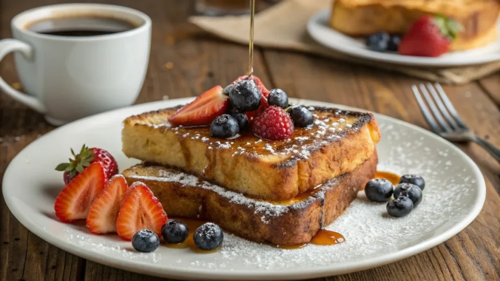 French toast with syrup and berries on a rustic wooden table.