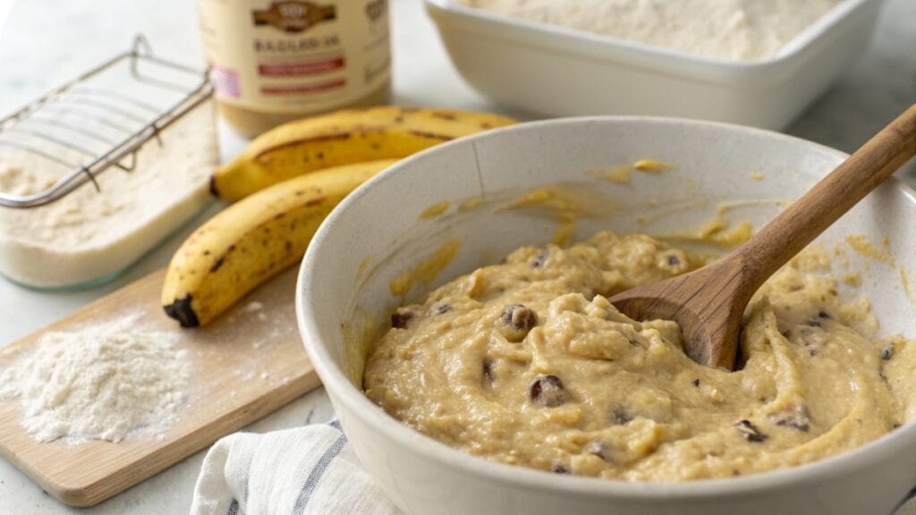 Close-up of banana bread batter in a mixing bowl, showing thick but pourable consistency with visible banana flecks and a wooden spoon resting on the side.
