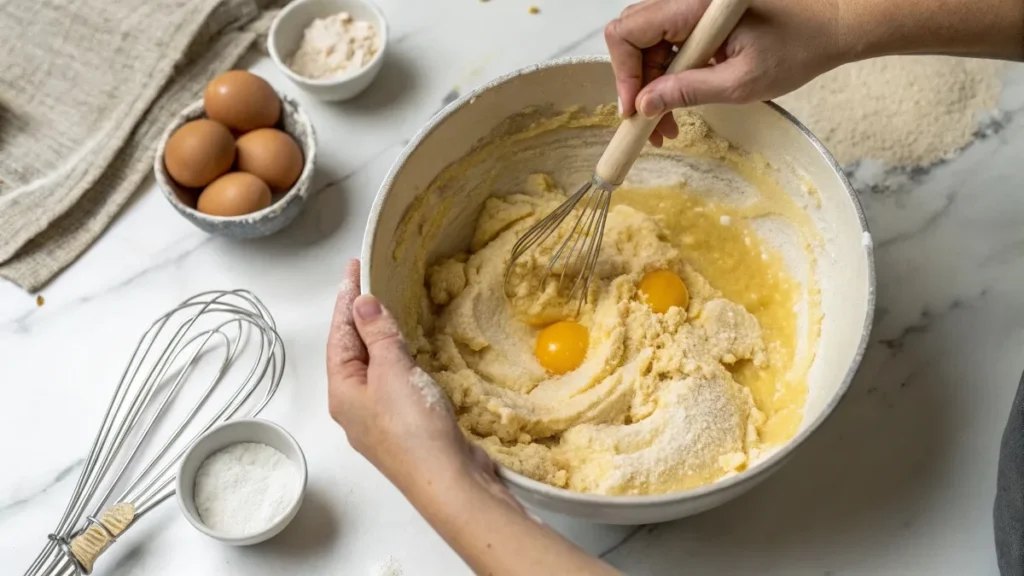Close-up of hands mixing banana bread batter in a bowl, showing mashed bananas and simple ingredients for an easy recipe.