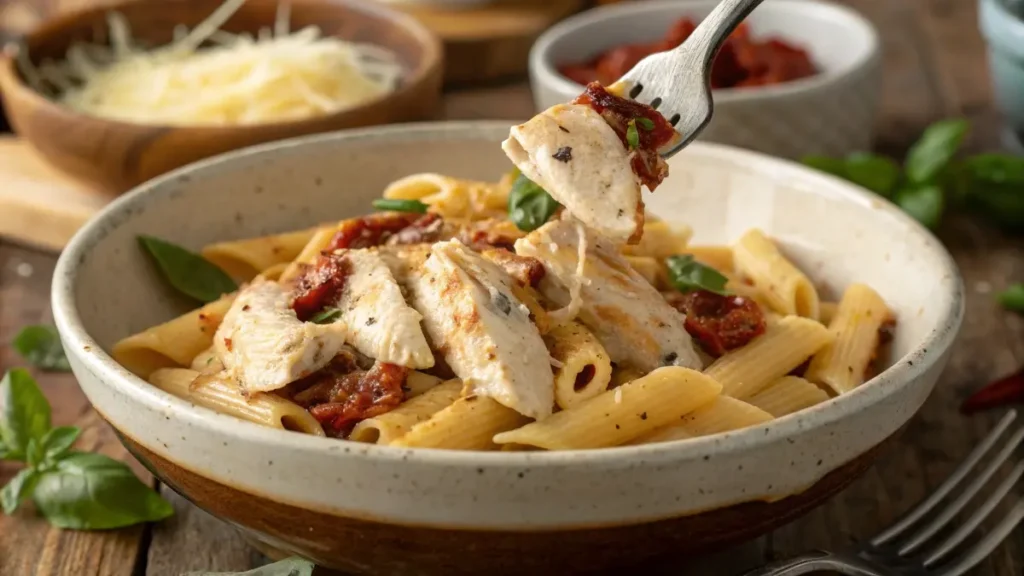 A bowl of creamy Marry Me Chicken Pasta with penne, sun-dried tomato sauce, Parmesan, and basil, served with a fork lifting a bite.