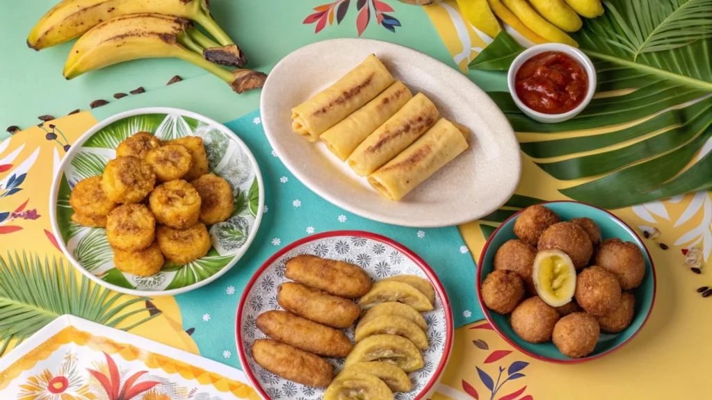 Collage of global banana dishes, including Indian banana fritters, Filipino banana spring rolls, and South American fried plantains, showcasing banana flavor in world cuisines.