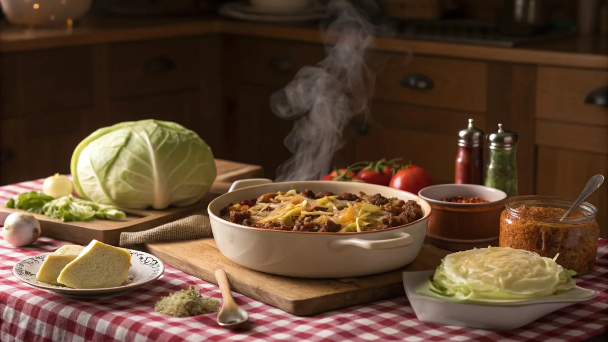 A delicious hamburger cabbage casserole served in a baking dish, surrounded by fresh ingredients like cabbage, ground beef, and shredded cheese, in a warm, inviting kitchen setting.