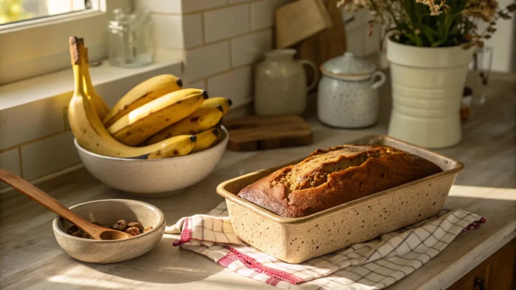 Freshly baked banana bread with ripe bananas on a rustic kitchen counter, perfect for a comforting homemade treat.