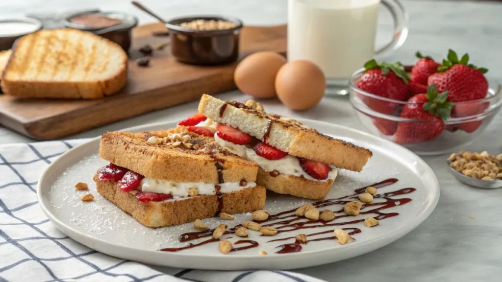 Cream cheese and strawberry-stuffed French toast drizzled with chocolate syrup.