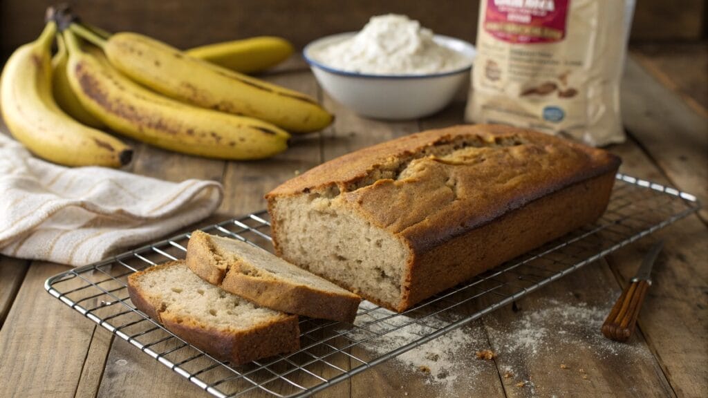 Flat, sunken loaf of banana bread on a cooling rack, showing a cracked top and undercooked center, with overripe bananas and flour in the background.