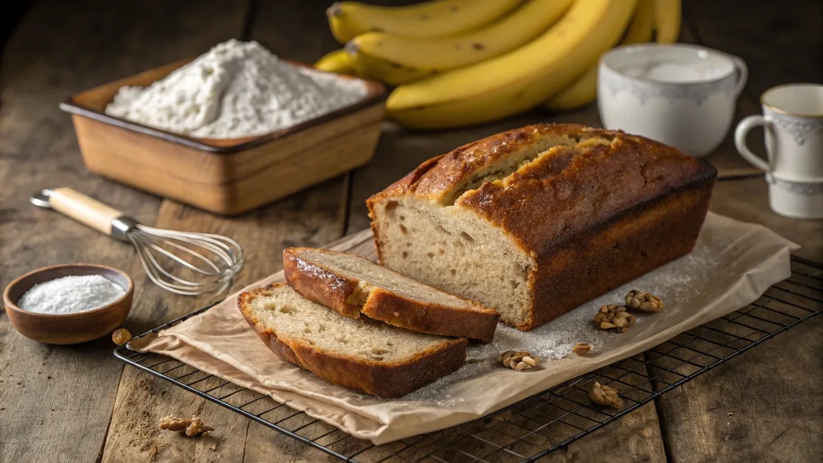 Freshly baked banana bread loaf on a wooden table with ripe bananas and baking ingredients.