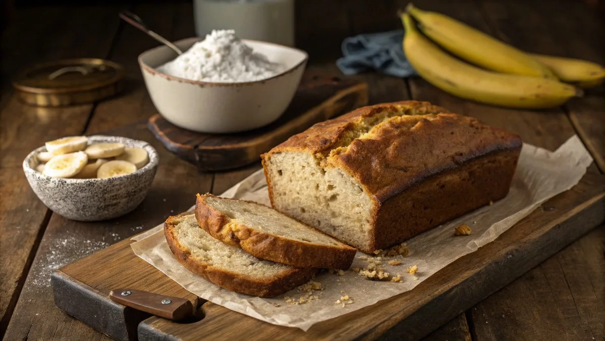 Golden-brown banana bread with a slice cut out, showing moist interior, surrounded by baking ingredients like mashed bananas and flour on a rustic wooden table.