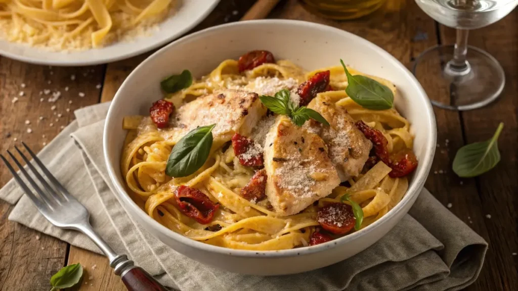 A bowl of Marry Me Chicken Pasta with creamy sauce, sun-dried tomatoes, parmesan, and basil, served with a fork twirling pasta on a rustic wooden table.