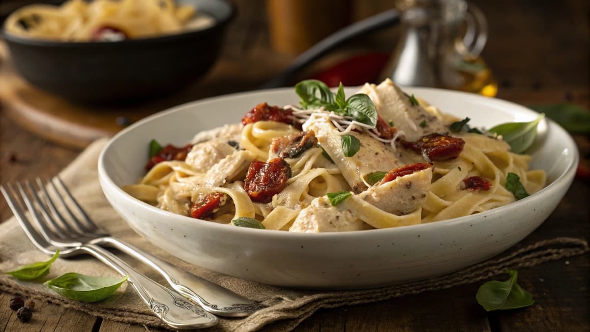 A bowl of Marry Me Chicken Pasta with creamy sauce, sun-dried tomatoes, and fresh basil, served on a rustic wooden table.