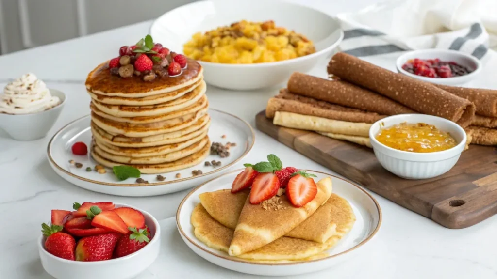 A table showcasing diverse pancake styles: American flapjacks with syrup, French crêpes with strawberries, and Ethiopian injera with stews.