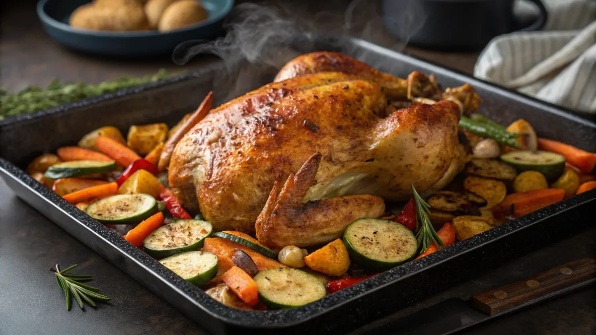 Sheet pan chicken with crispy skin and roasted vegetables.