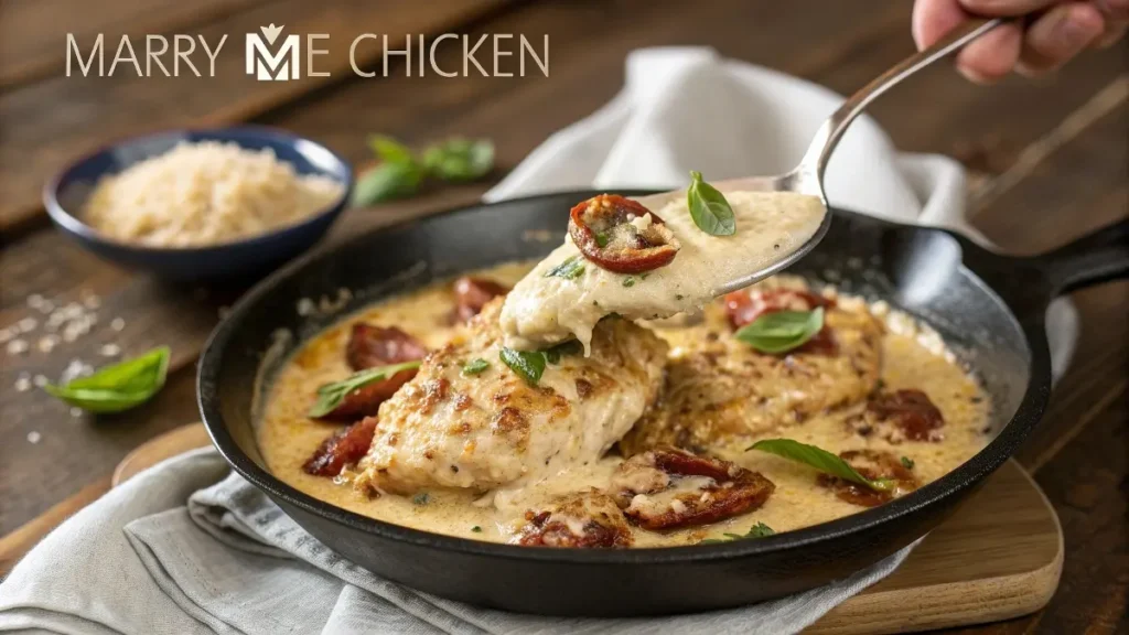 A skillet of Marry Me Chicken with creamy Parmesan sauce, sun-dried tomatoes, and basil, with a spoon lifting the rich sauce.