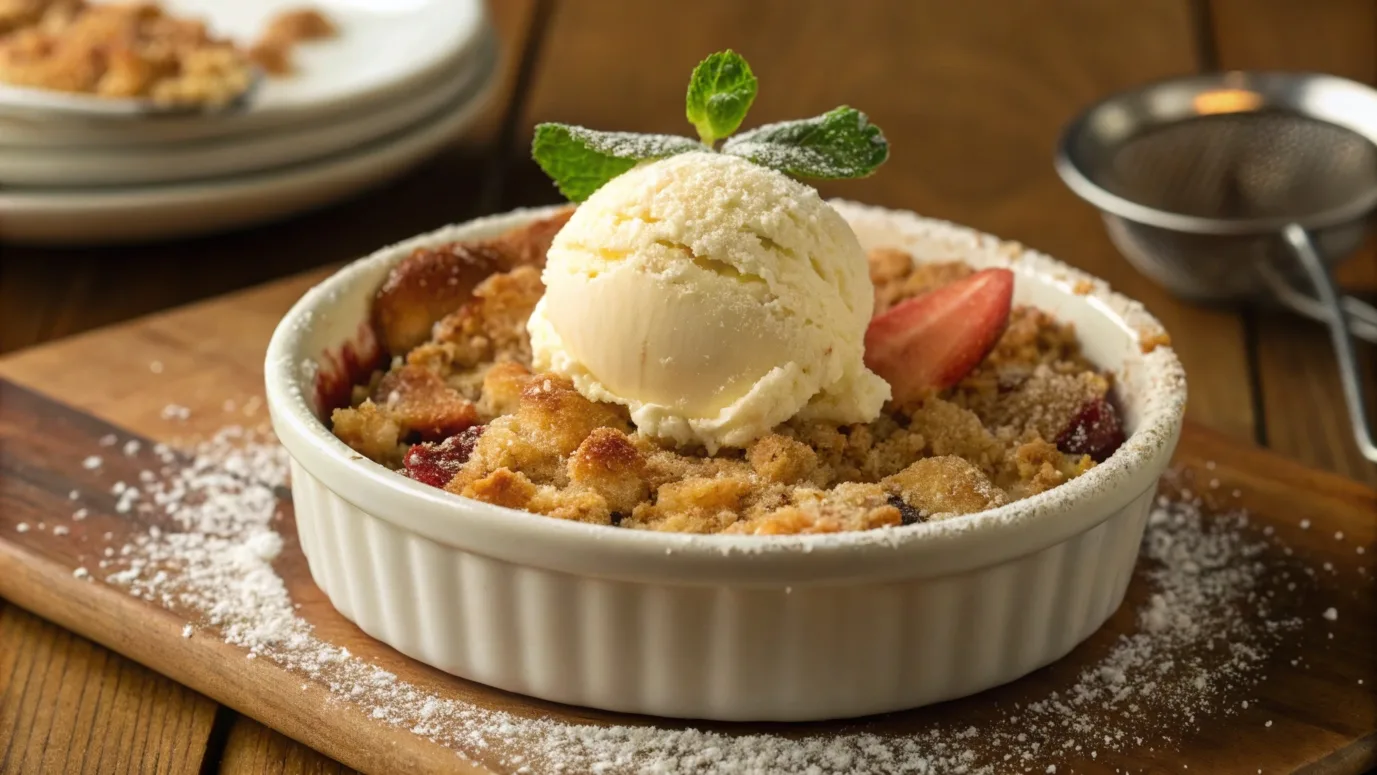 Golden-brown fruit crumble with a crispy topping, served in a white dish with a scoop of vanilla ice cream, garnished with powdered sugar and mint.