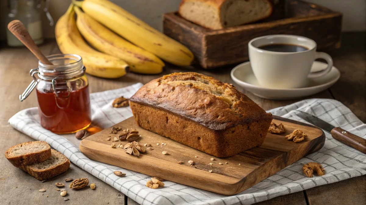 Freshly baked banana bread on a wooden cutting board with ripe bananas and a cup of coffee, perfect for breakfast or snacks.