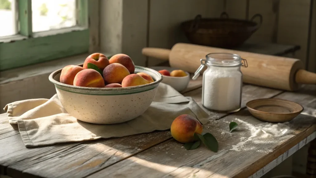 Fresh ripe peaches, sugar, and baking tools on a rustic kitchen table, ready for making peach desserts.
