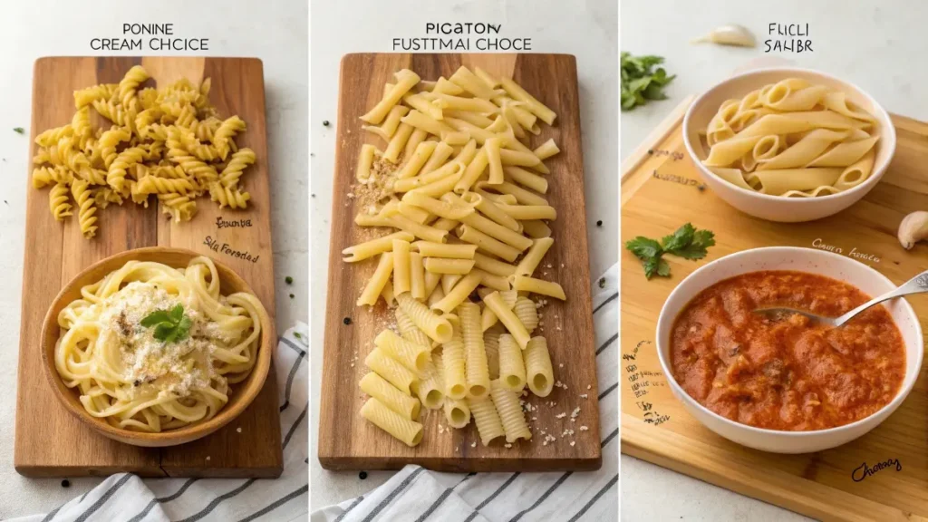 A comparison of penne, rigatoni, fusilli, and fettuccine, highlighting their textures and suitability for creamy sauces like Marry Me Chicken.