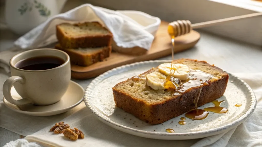 A slice of banana bread on a white plate with melted butter on top, a cup of coffee beside it, and a drizzle of honey. Soft, natural lighting with a warm, inviting feel.