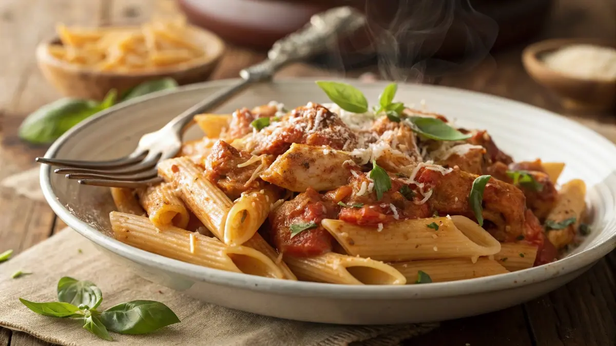 A creamy Marry Me Chicken pasta dish with penne, sun-dried tomato sauce, and fresh basil on a rustic plate.